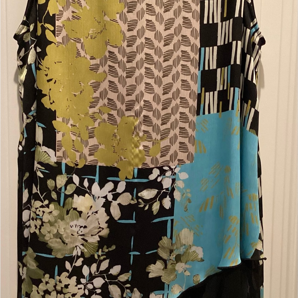 Sleeveless Floral Patchwork Tank Top in Black, Aqua & Olive